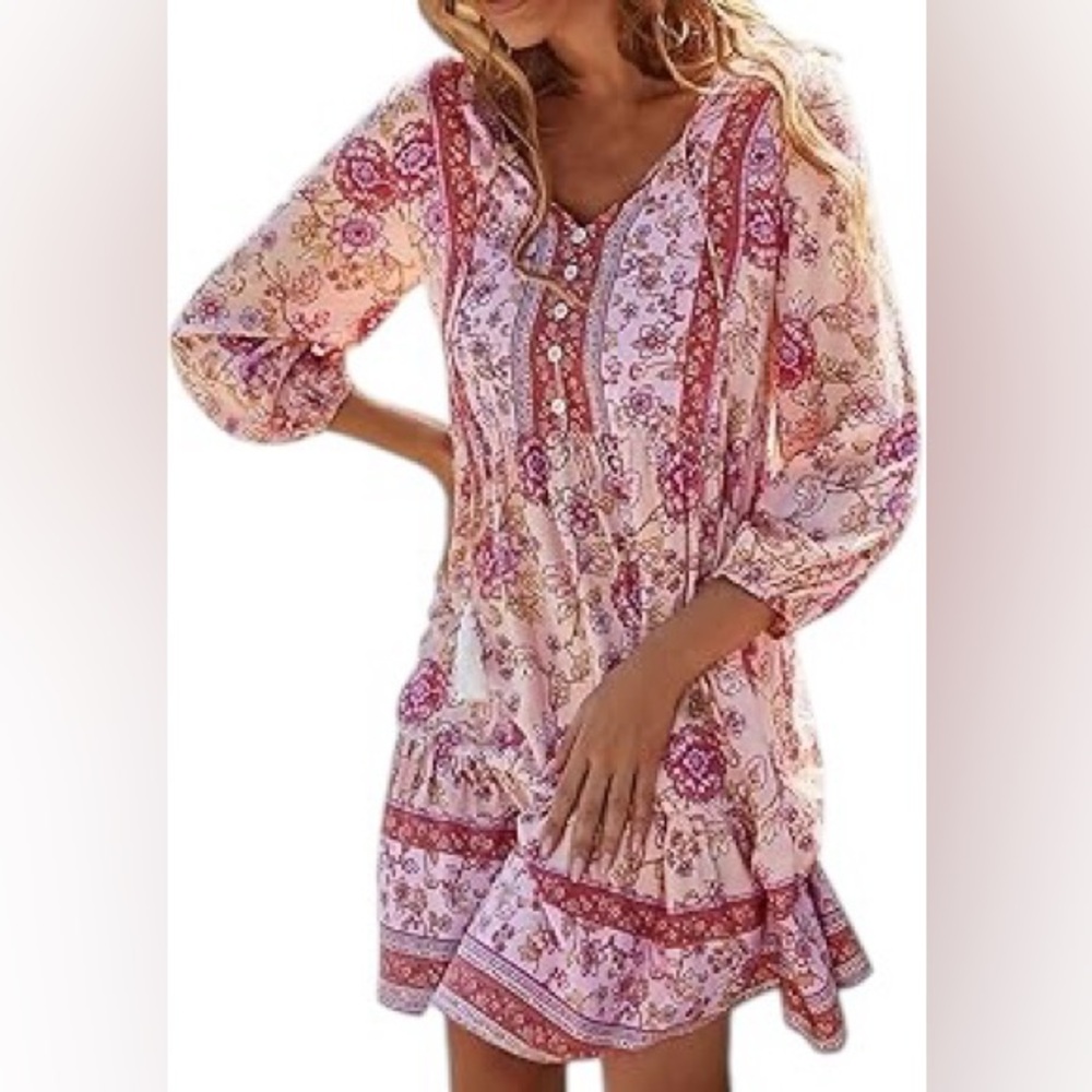 Pink Floral Boho Tassel Tunic Dress Floral Boho Women Summer Beach V-Neck Dresse